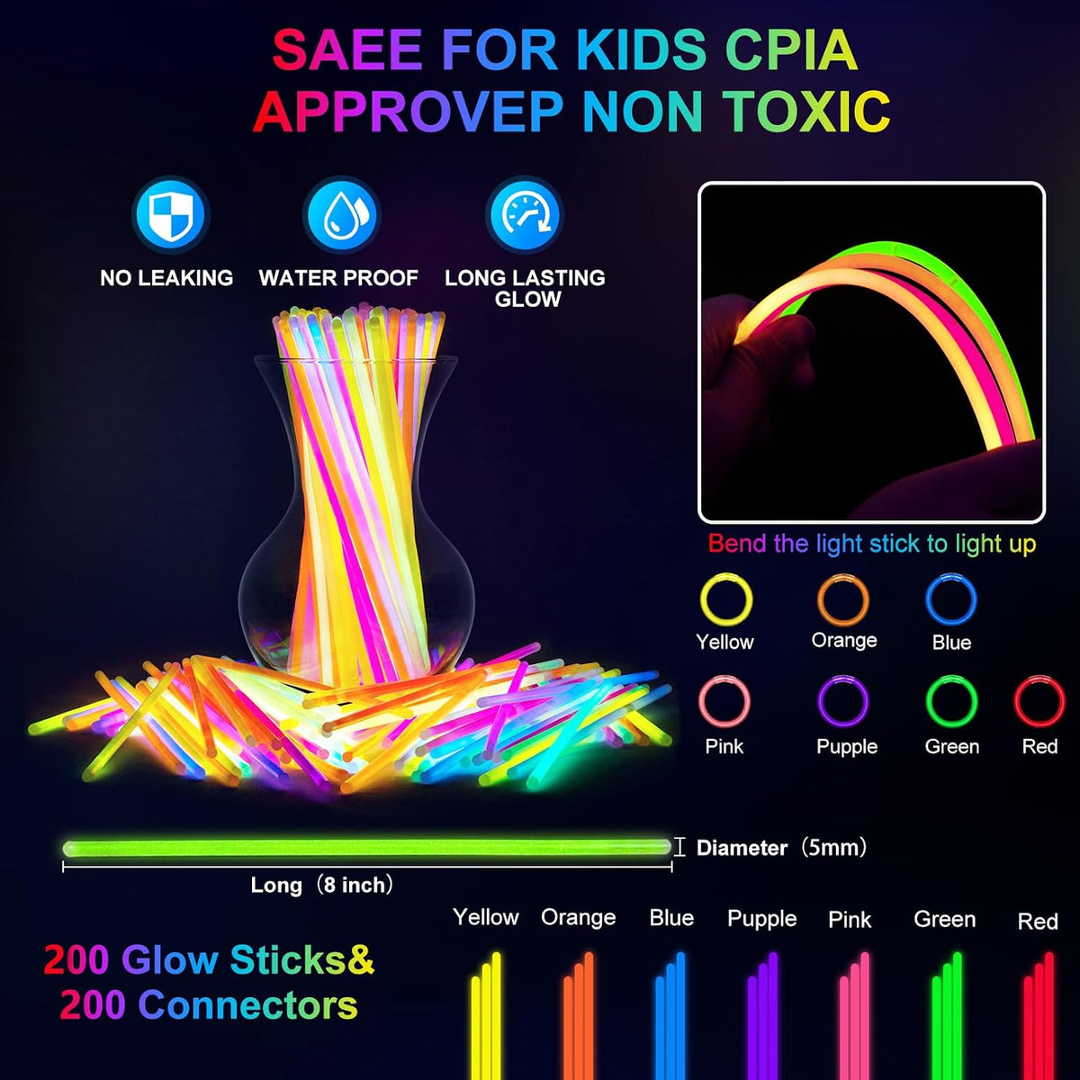 OLUPP 282 PCS Glow in the Dark Party Supplies, 18 Foam Sticks, 18 LED Glasses, 200 Glow Sticks, 30 Finger Lights, 8 Bunny Ear Headband and 8 LED Cat Ear Headband for Birthday,Halloween,New Year