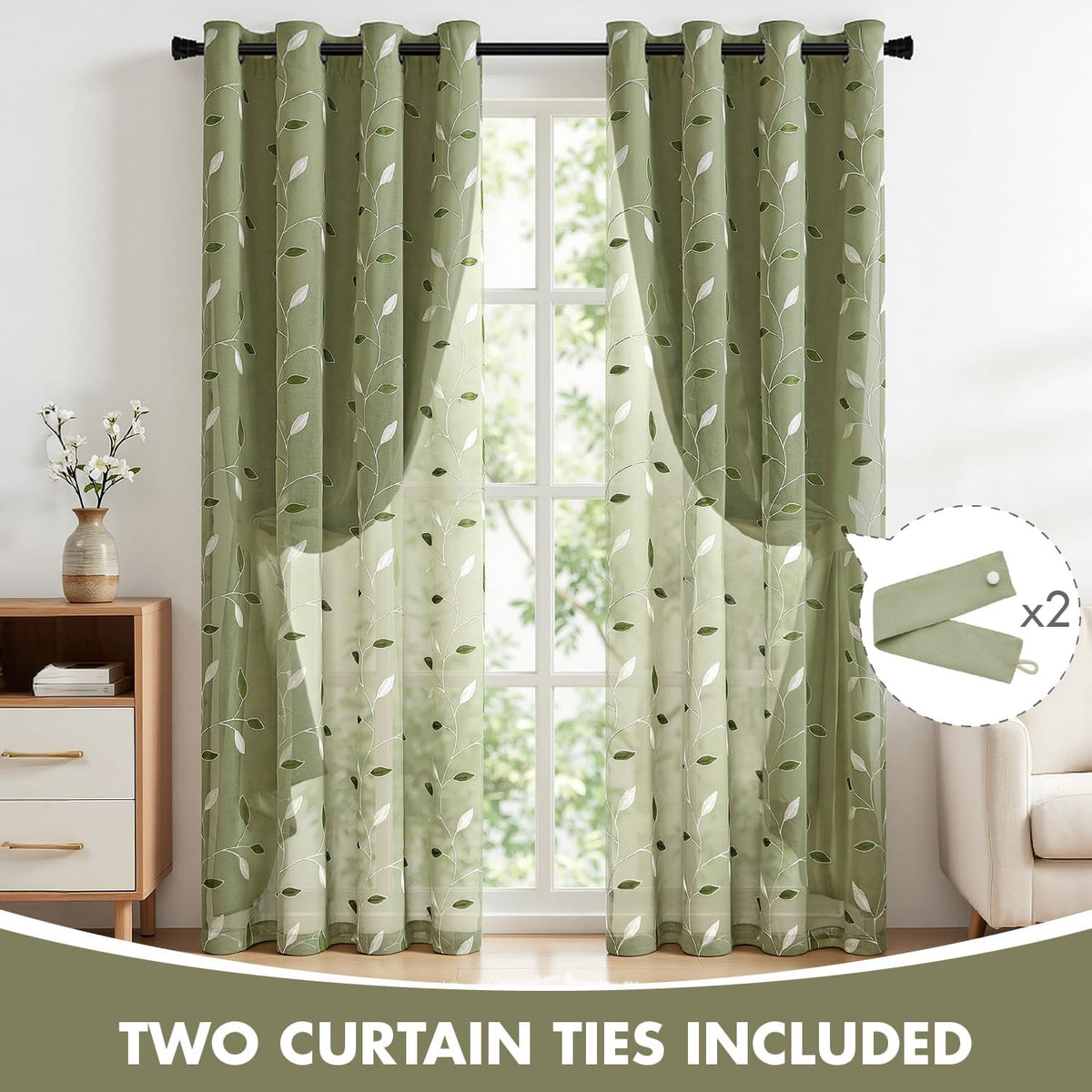 miulee sage green double layer patterned blackout curtains, close-up detail