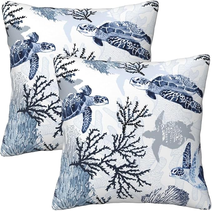 Nautical Blue Pillow Covers 18x18 Inch Coastal Beach Themed Coral Sea Turtle by Unknown