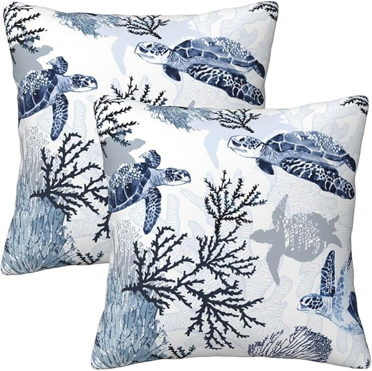 Nautical Blue Pillow Covers 18x18 Inch Coastal Beach Themed Coral Sea Turtle by Unknown