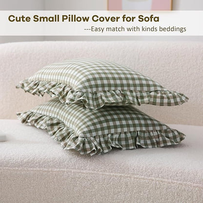 2 Pack Sage Green Plaid Ruffle Gingham Lumbar Throw Pillow Shams, 100% Washed - Image 4