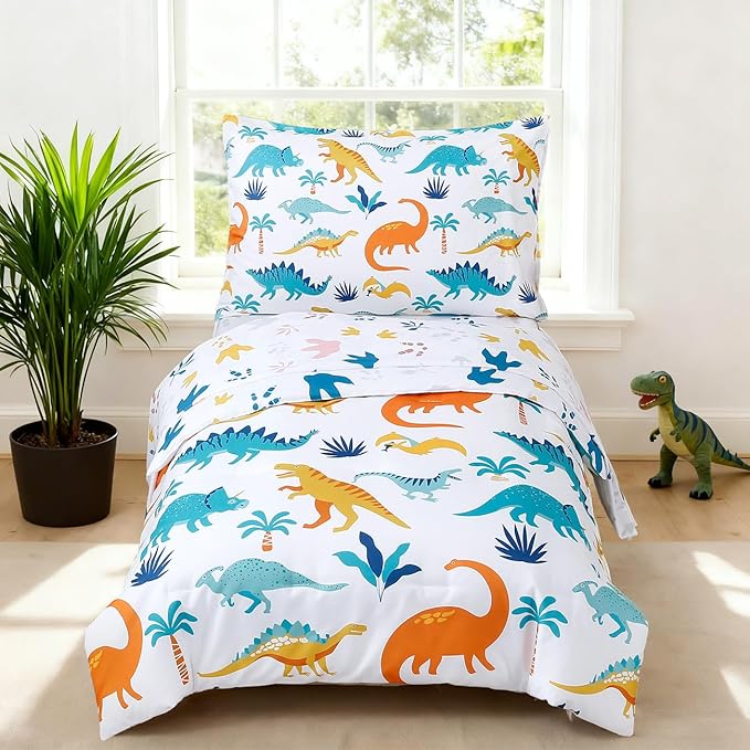 PERFEMET 4 Pieces Toddler Bedding Set Cartoon Dinosaur Print Comforter Sheet Set - Image 2