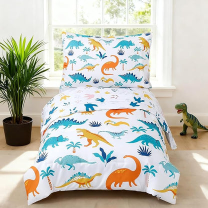 PERFEMET 4 Pieces Toddler Bedding Set Cartoon Dinosaur Print Comforter Sheet Set - Image 2