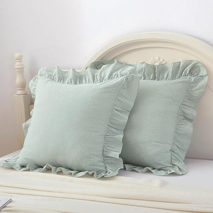 2 Pack Light Green/White Ruffle Plaid Throw Pillow Covers Farmhouse Gingham - Image 3