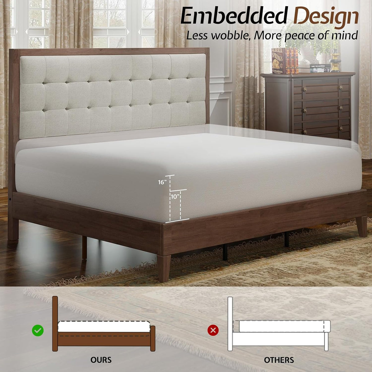 jocisland solid wood king bed frame, 50" tall on a desk or shelf