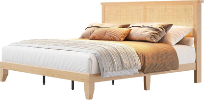 garvee bohemian king rattan bed led natural headboard, close-up detail