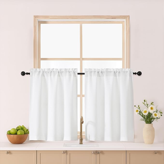 Gwine White Short Curtains 24 Inch Length 2 Panels, Light Filtering Textured by Gwine