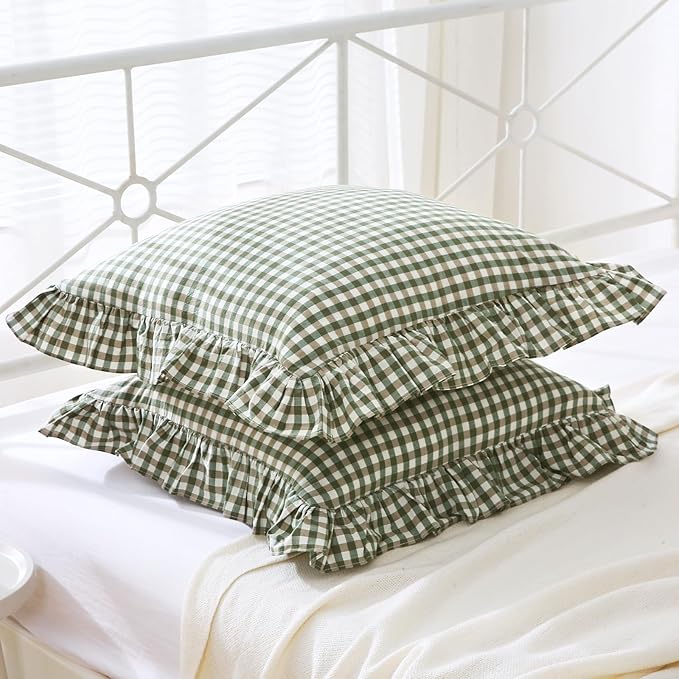 Sage Green Plaid Ruffle Decorative Throw Pillow Covers - Image 4