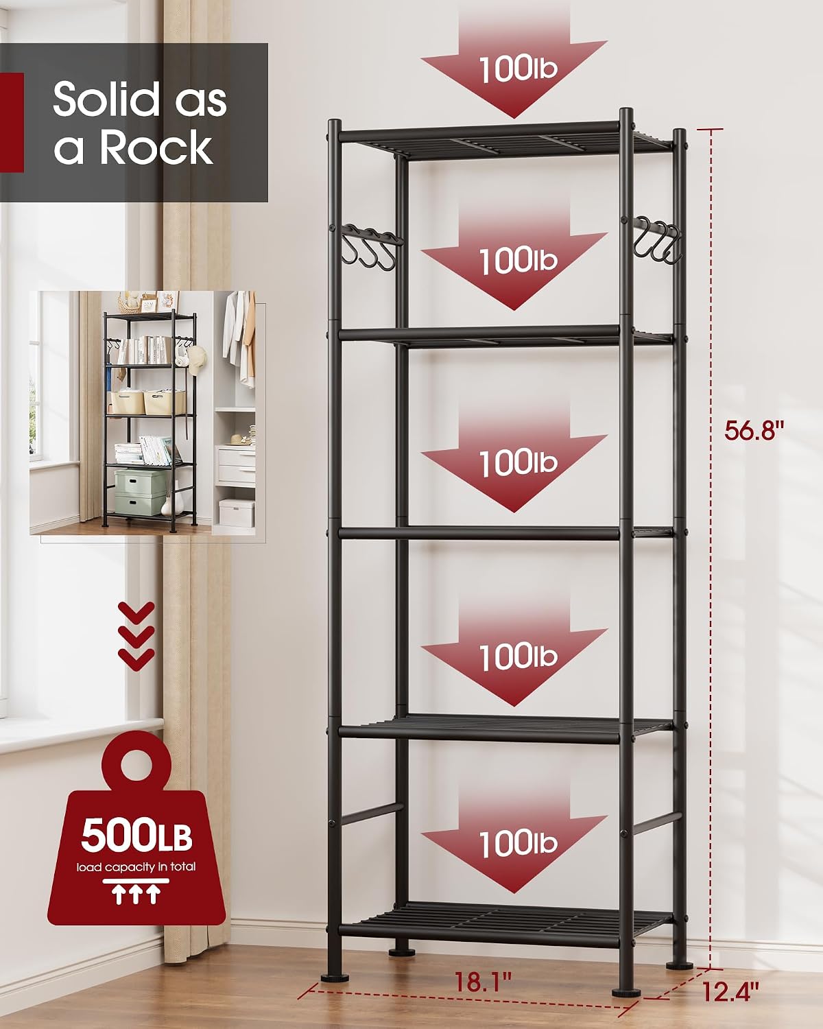 sakugi 5-tier storage rack organizer with hooks, heavy, close-up detail