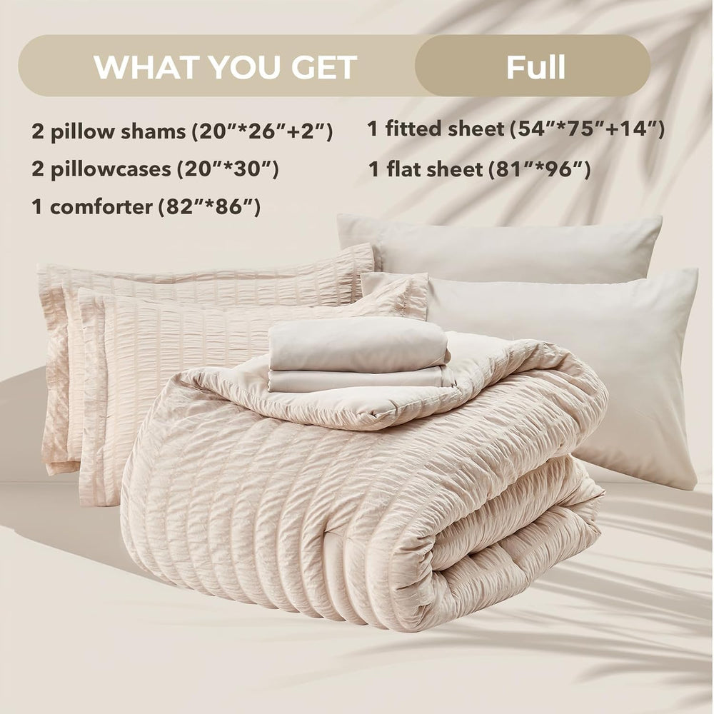 Full Comforter Set - 7PCS Bed in a Bag, Seersucker Bedding Set, Beige