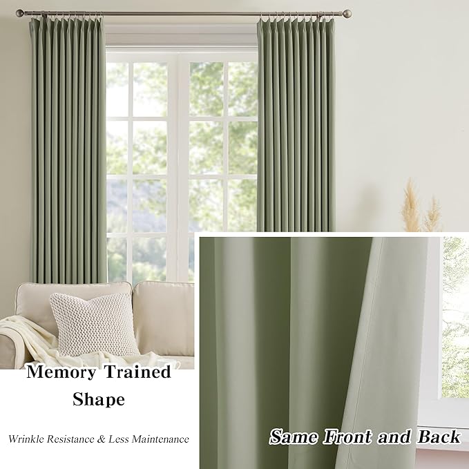 KEQIAOSUOCAI Light Sage Blackout Curtains Pinch Pleat Green Drapes 96 Inches - Image 6