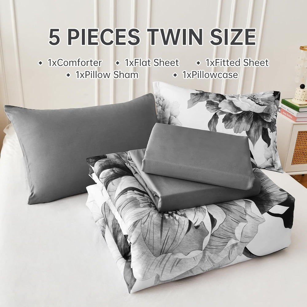 Dobuyly Grey Twin Comforter Set 5 Piece Bed in a Bag, Gray and White Floral C...