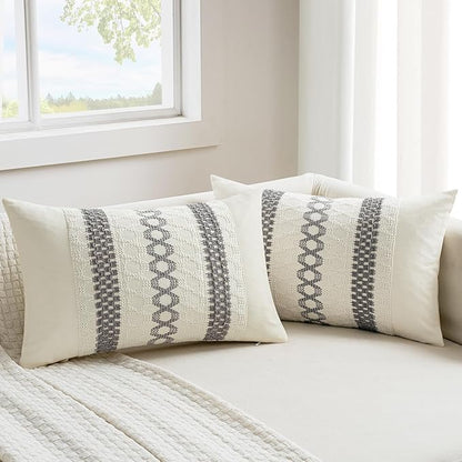 MIULEE Set of 2 Gray Boho Decorative Lumbar Pillow Covers 12x20 Inch Farmhouse by MIULEE