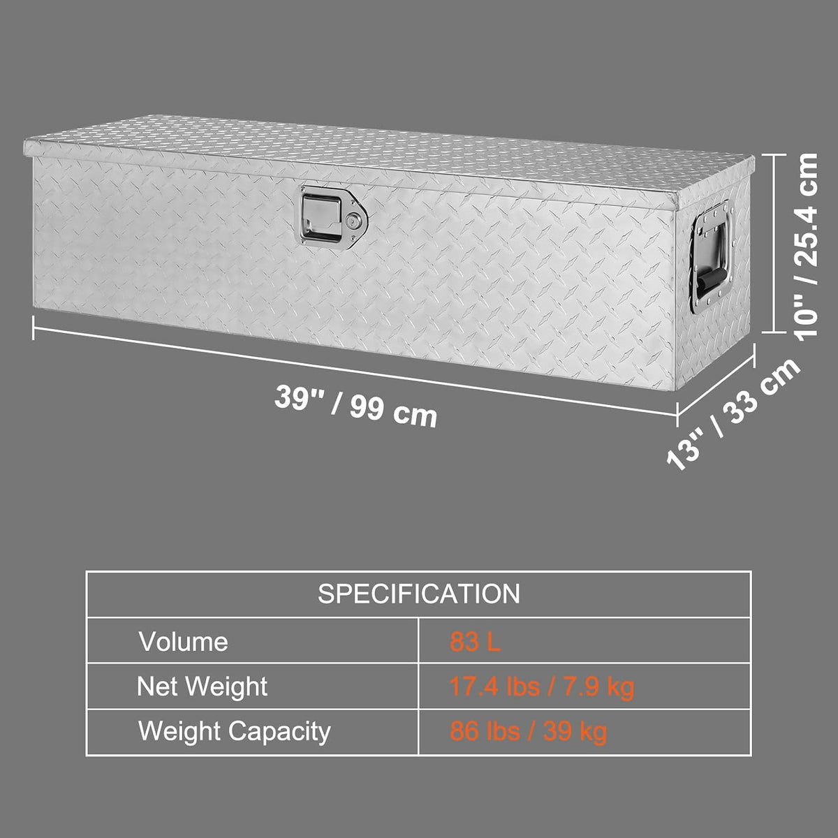 vevor heavy duty aluminum truck bed tool box on a desk or shelf