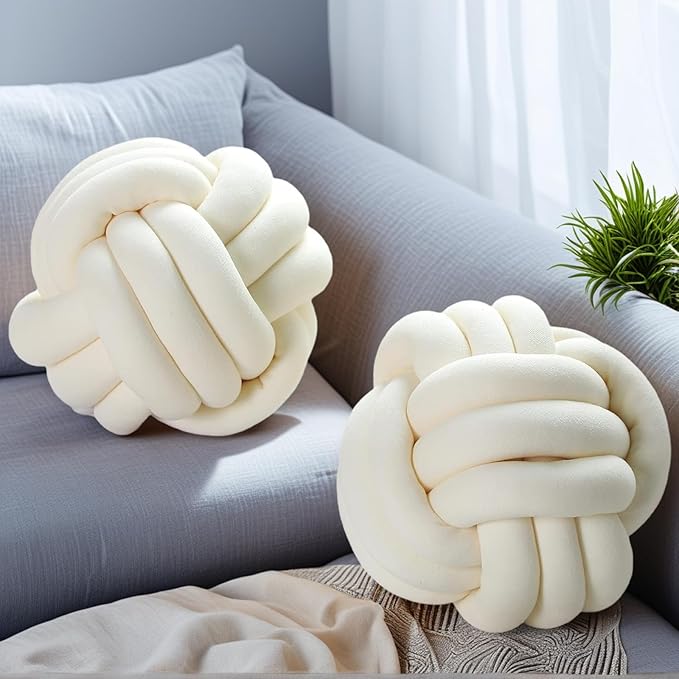 2 Pcs Knot Pillow Ball, Ivory Knotted Pillow Plush Ball Pillows, 8.7" by Wadser