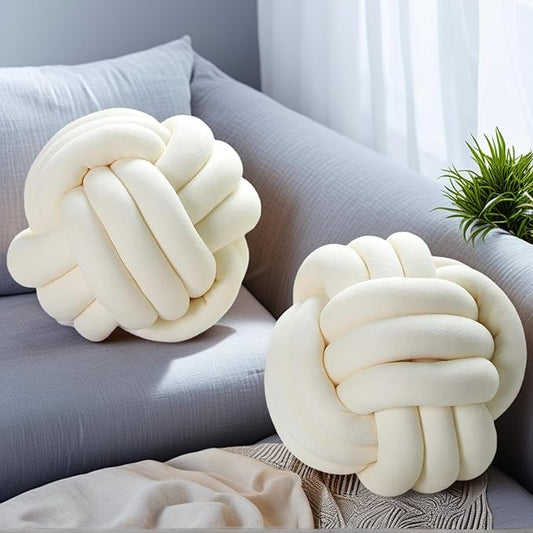 2 Pcs Knot Pillow Ball, Ivory Knotted Pillow Plush Ball Pillows, 8.7" by Wadser