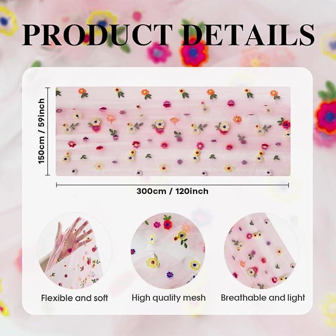 Artoid Mode Pink Embroidery Daisy Spring Gauze Table Runner 59x120 Inch 10FT - Image 7