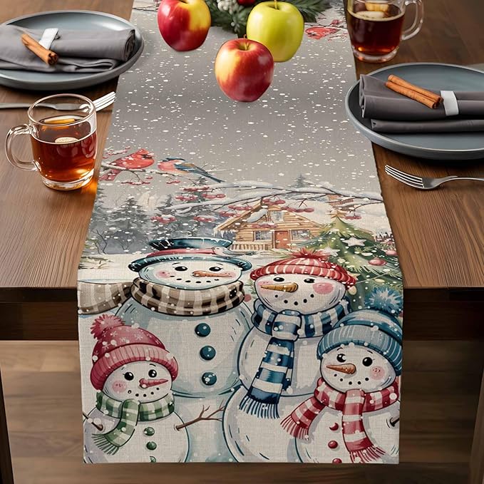 Christmas Table Runner, 13x72 Inch, Snowman Family Table Runners Pine Tree Snow - Image 9