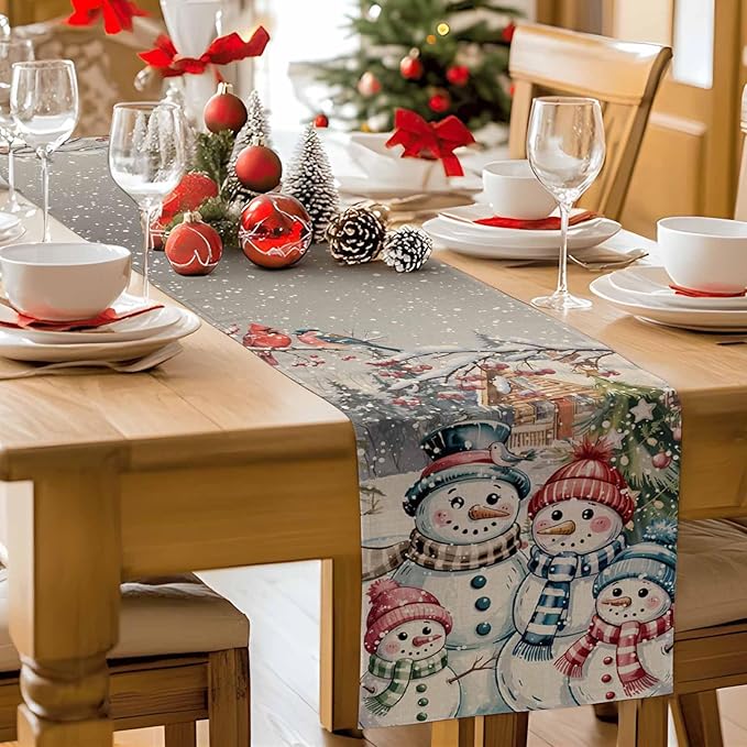 Christmas Table Runner, 13x72 Inch, Snowman Family Table Runners Pine Tree Snow - Image 7
