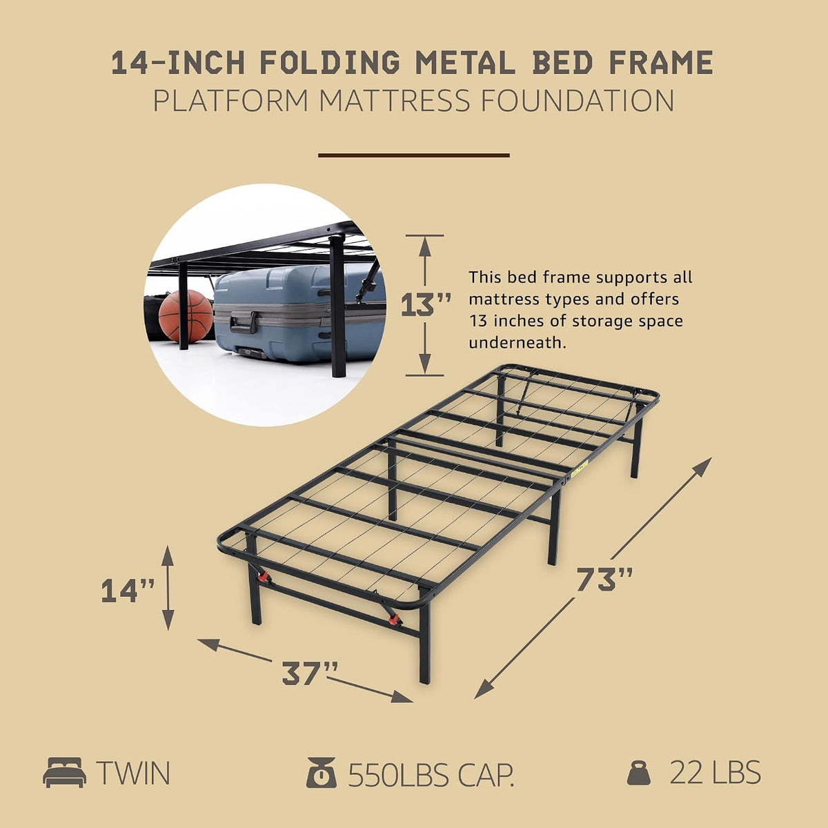 hercules 14 inch folding metal bed frame &, close-up detail