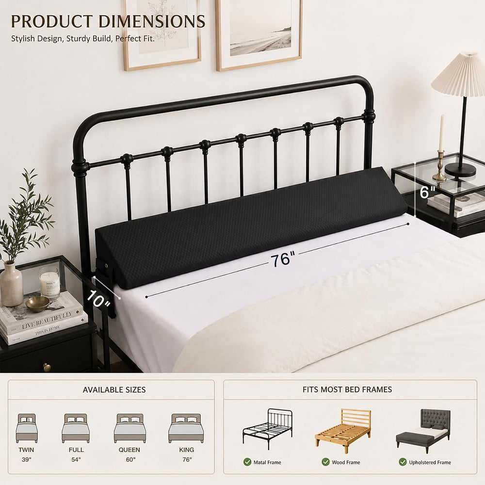 King Bed Wedge Pillow for Headboard & Mattress Gap Filler 10x6x76in Black