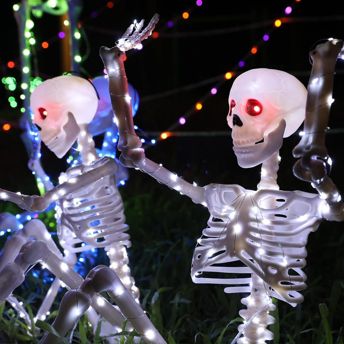 Halloween Decorations Outdoor Skeletons Set - 2 Pack 36" (90cm) Light Up Skeleton with LED Lights & 2 Red Eyes, Poseable Full Body, Indoor Halloween Decor for Yard, Porch (White)