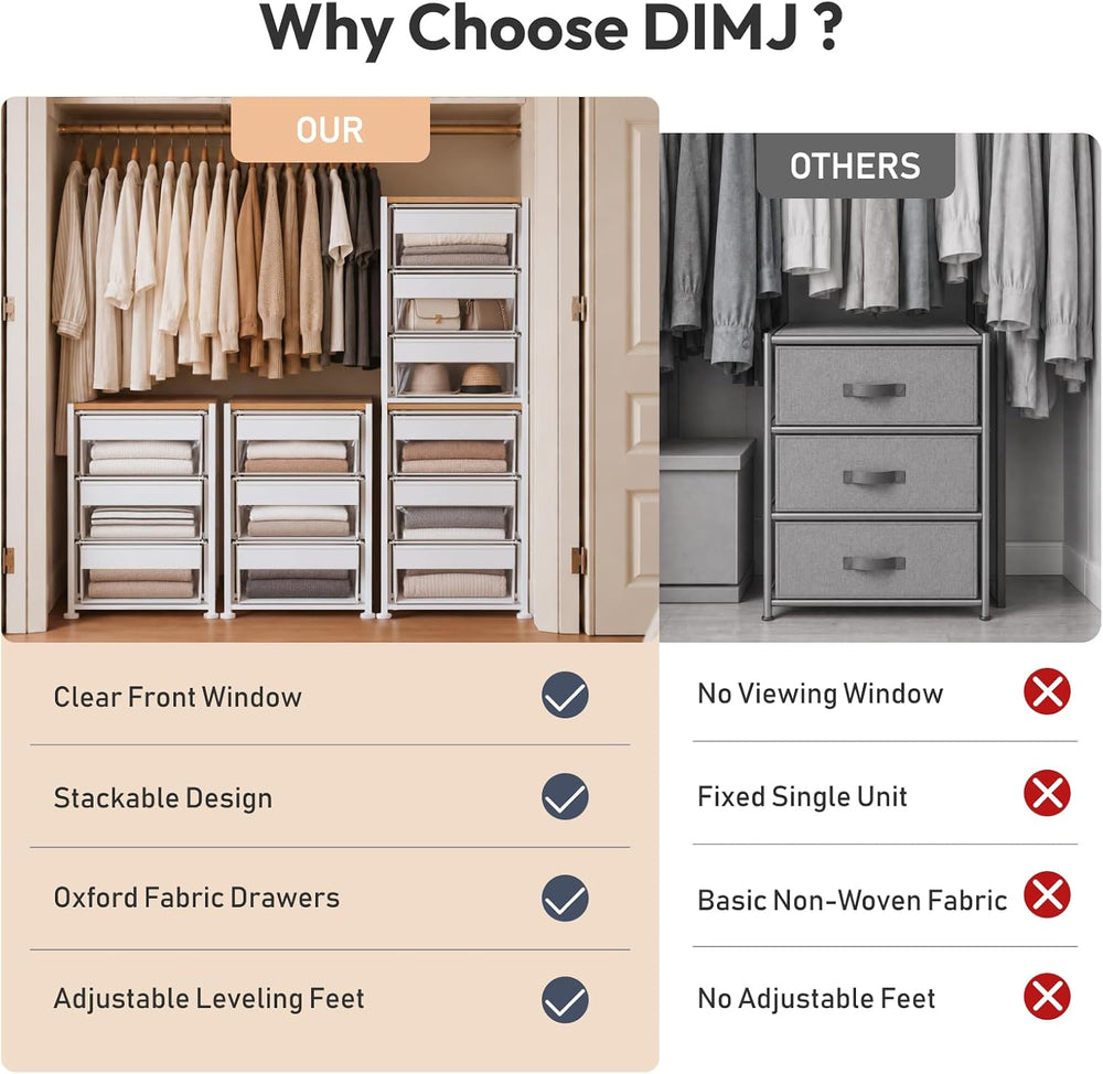 DIMJ Stackable Storage Drawer for Closet Organizers with 3 Clear Window