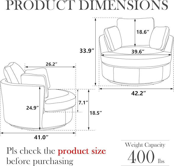 Aoiy & Wifon 42" W Oversized Swivel Accent Chair, Upholstered Round Barrel Chair - Image 2