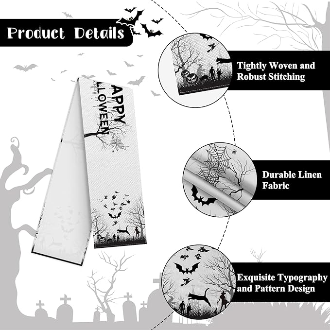 Happy Halloween Table Runner Spooky Forest Ghost Witch Spider Web Bats Pumpkin - Image 7