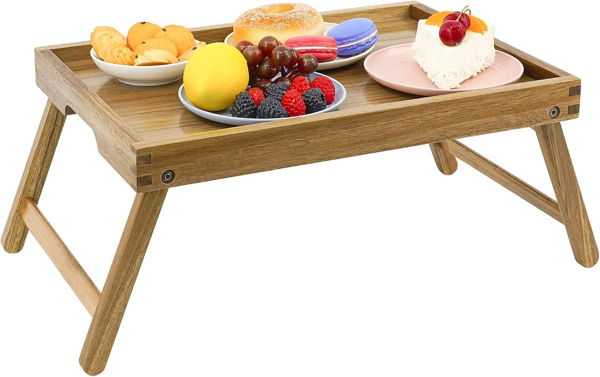 vaefae acacia bed tray table with folding legs shown in use