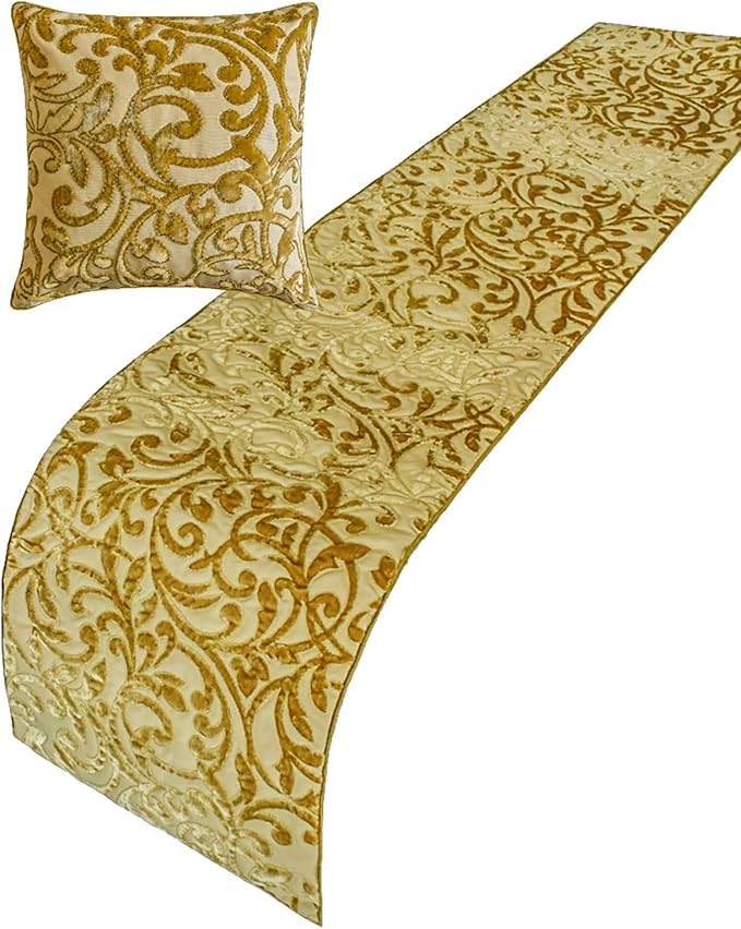 HomeCentric Beige Gold Decorative Bed Runner - Image 3