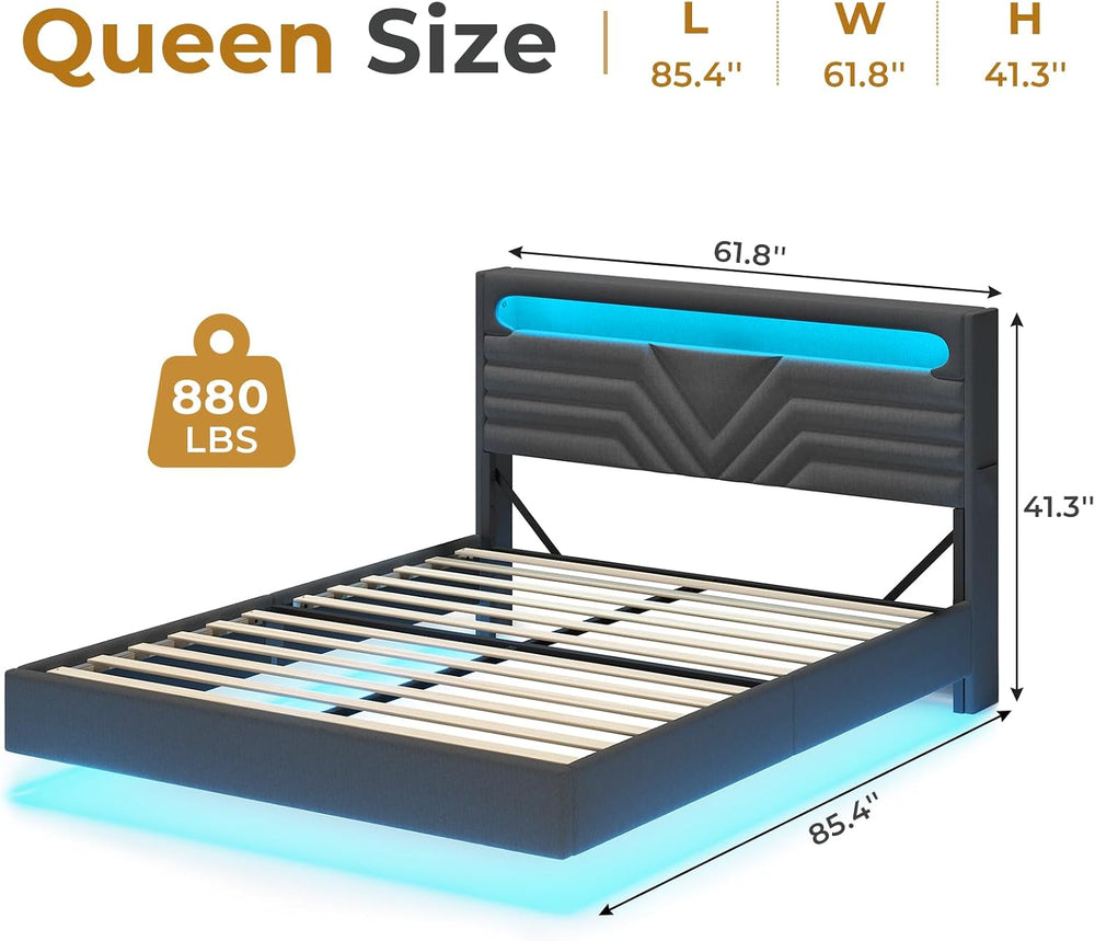 HAUOMS LED Floating Bed Frame Queen Size with Storage Headboard, Dark Grey