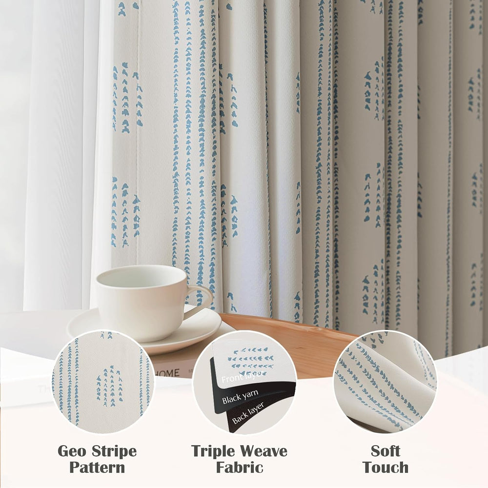100% Blackout Blue Boho Curtains, 84 Inches, 2 Panels for Bedroom