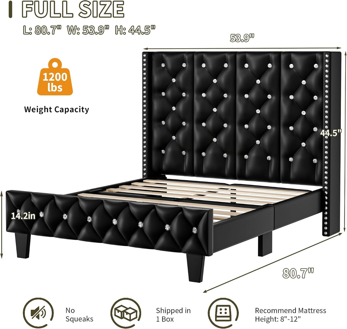 upholstered full size bed frame with headboard & shown in use