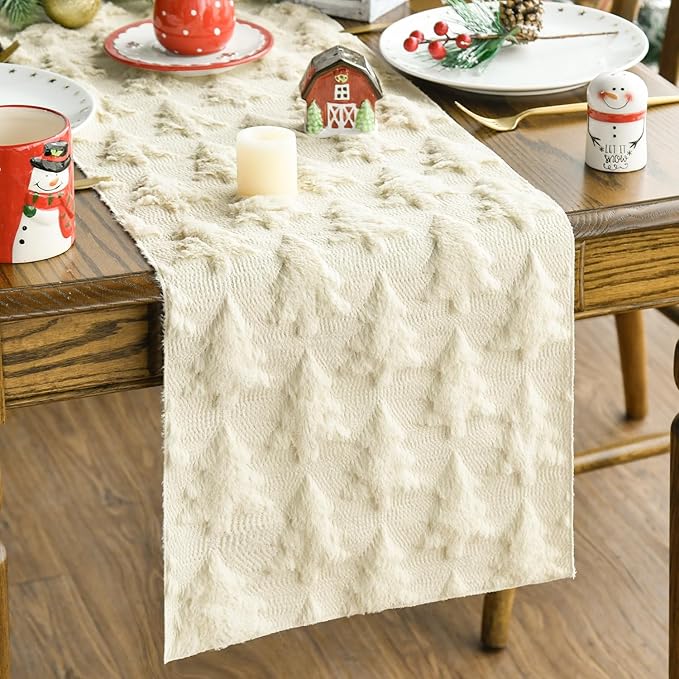 Artoid Mode Christmas Trees Beige Soft Plush Faux Fur Jacquard Christmas Table by ArtoidMode