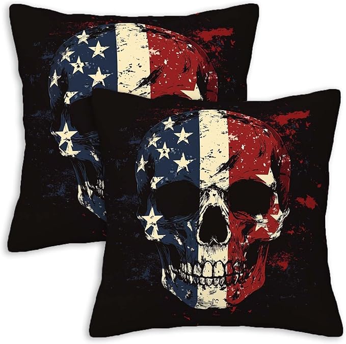 Patriotic Skull Throw Pillow Covers 18x18 Set of 2 | Decorative Cushion Cases by Unknown