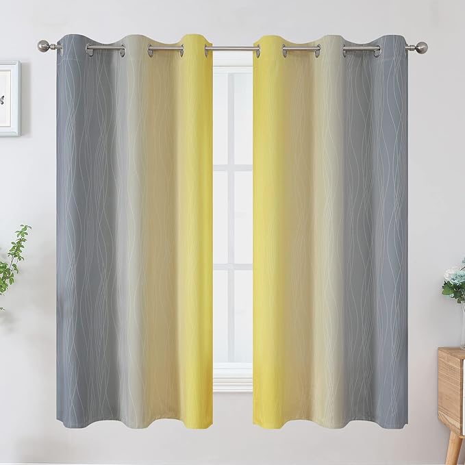 Ombre Gray and Yellow Blackout Curtains 63 Inch Length 2 panels, Full Room - Image 2