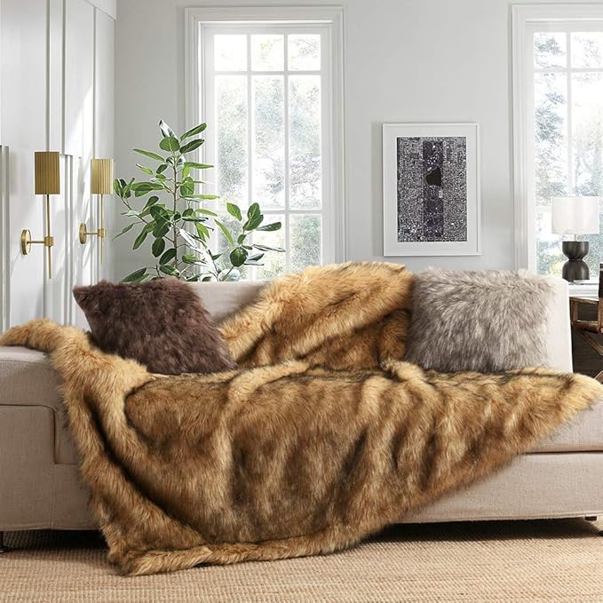 Luxury Plush Faux Fur Blanket King Size, Long Pile Golden Yellow - Image 3