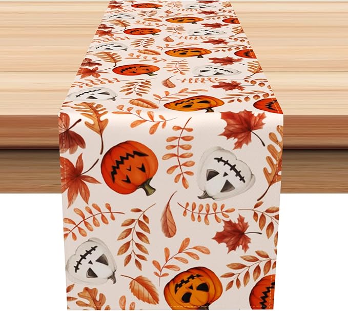 Happy Halloween Table Runner Fall Autumn Golden Maple Leaves Pumpkin by Kzzfqxb