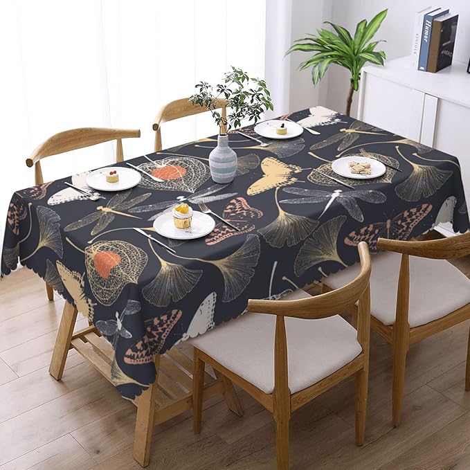 Ginkgo Leaves Tablecloth Vintage Floral Biloba Dragonfly Butterflies Silhouette - Image 2