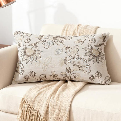 Floral Embroidered Lumbar Throw Pillow Cover 12x 20, Sequin Chinoiserie Flower by RinRinfam