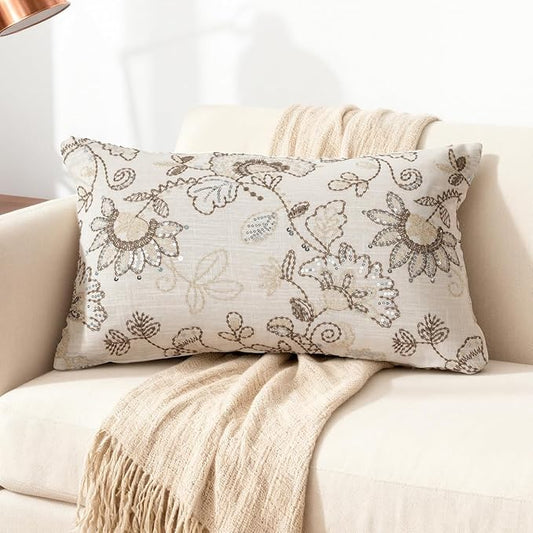 Floral Embroidered Lumbar Throw Pillow Cover 12x 20, Sequin Chinoiserie Flower by RinRinfam