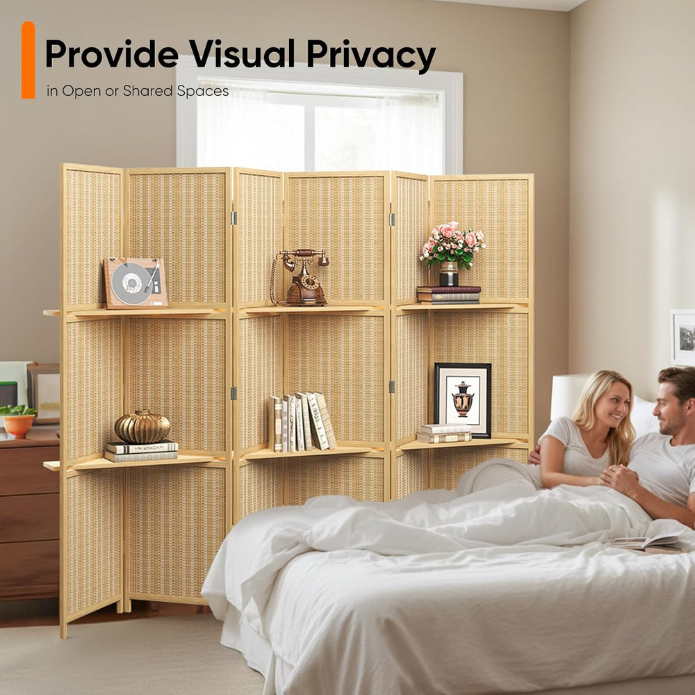 JOSTYLE Bamboo Room Divider with Shelves, 6-Panel Privacy Screen