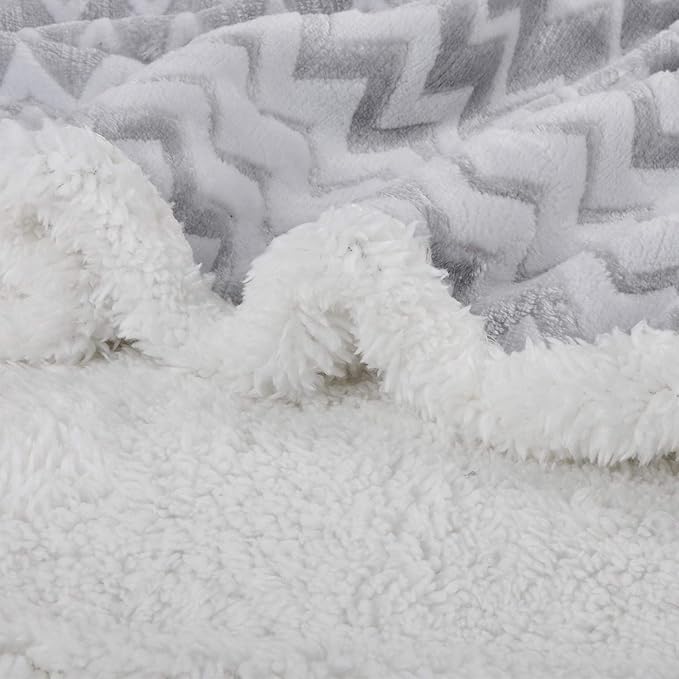 Catalonia Silky Soft Grey Sherpa Throw Blanket, Flannel Chevron Micro Plush - Image 4