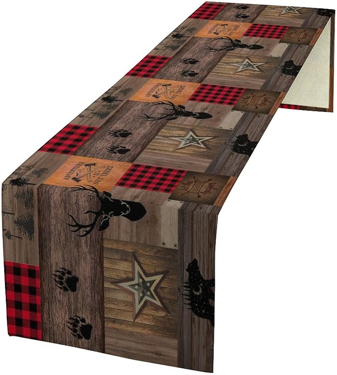 Vintage Bear Deer Table Runner, Rustic Western Farmhouse Hunting Theme Wildlife by Unknown