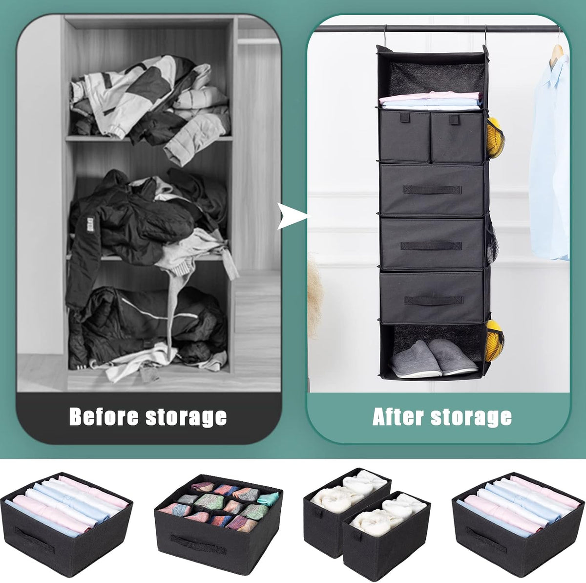 6-shelf hanging closet organizer with 5 drawers, non-woven, front angle view