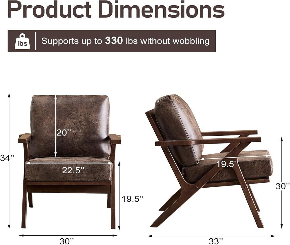 ANJ Faux Leather Accent Chair with Overstuffed Cushion, Mid-Century Modern Ar...