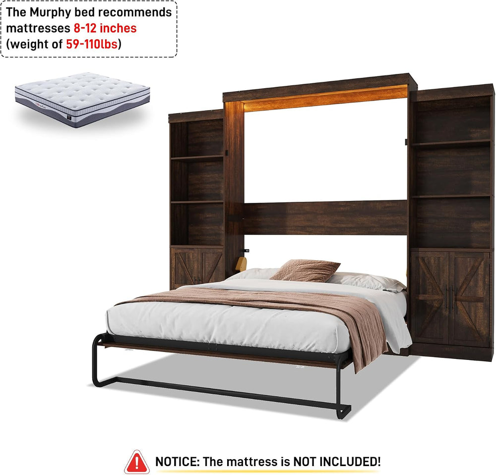 Hlivelood Queen Size Murphy Bed w/2 Storage Cabinet&2 LED Light, Farmhous...