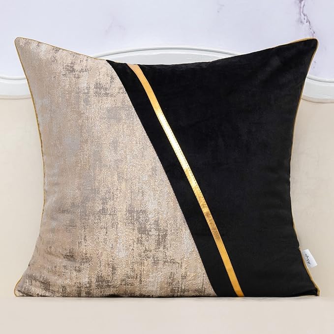 Alerfa 20 x 20 Inch Black Beige Gold Leather Patchwork Velvet & Polyester by Alerfa