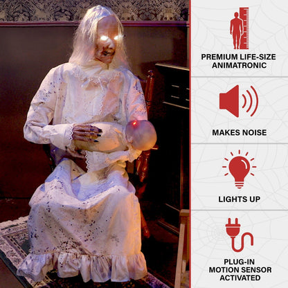 Haunted Hill Farm Life-Size 2.9-Ft Animatronic Gravely Granny by Tekky Halloween Decoration with Motion-Activated Sounds